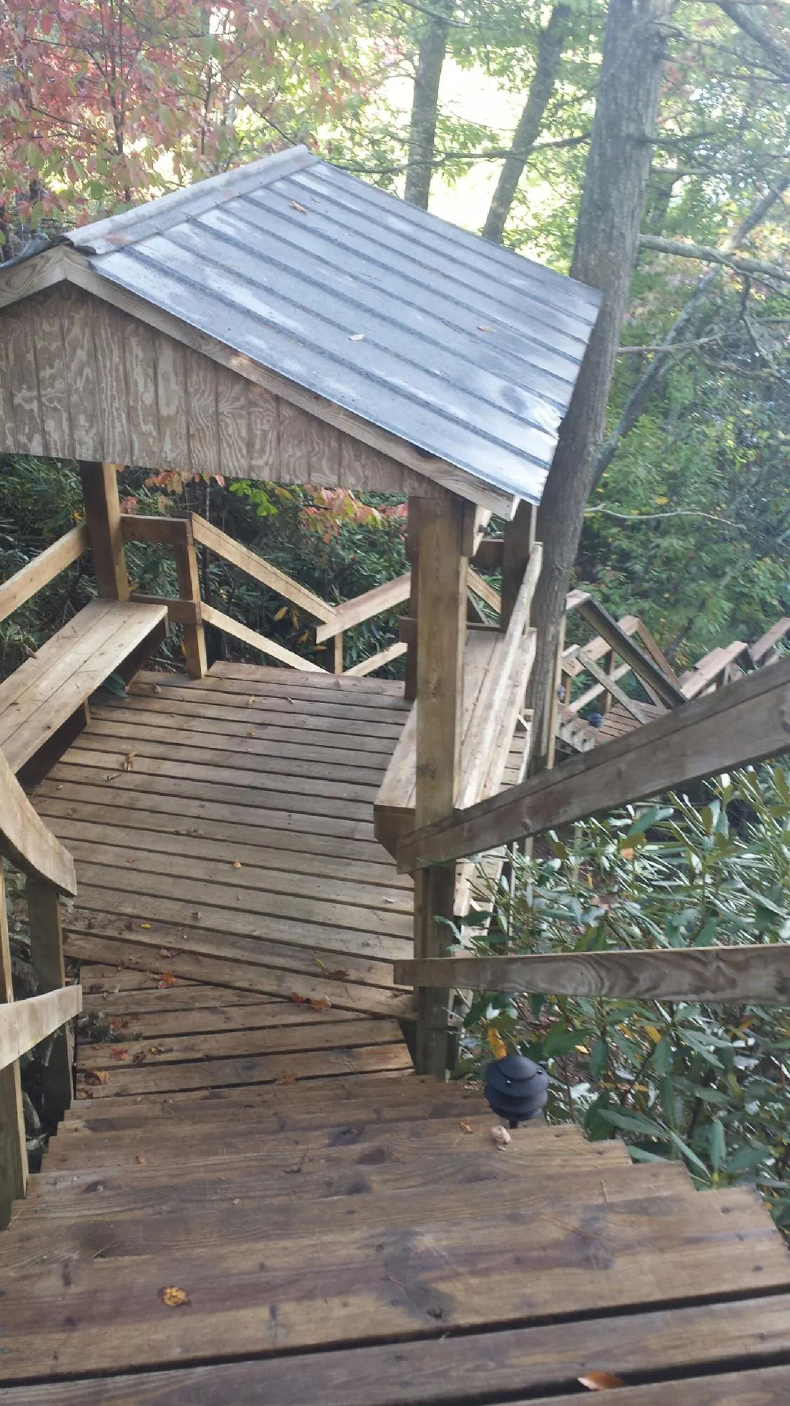 Metal roofed shelter over wooden steps on a wooded walkway — Skylight Repair & Installation work by our crew in Montreat